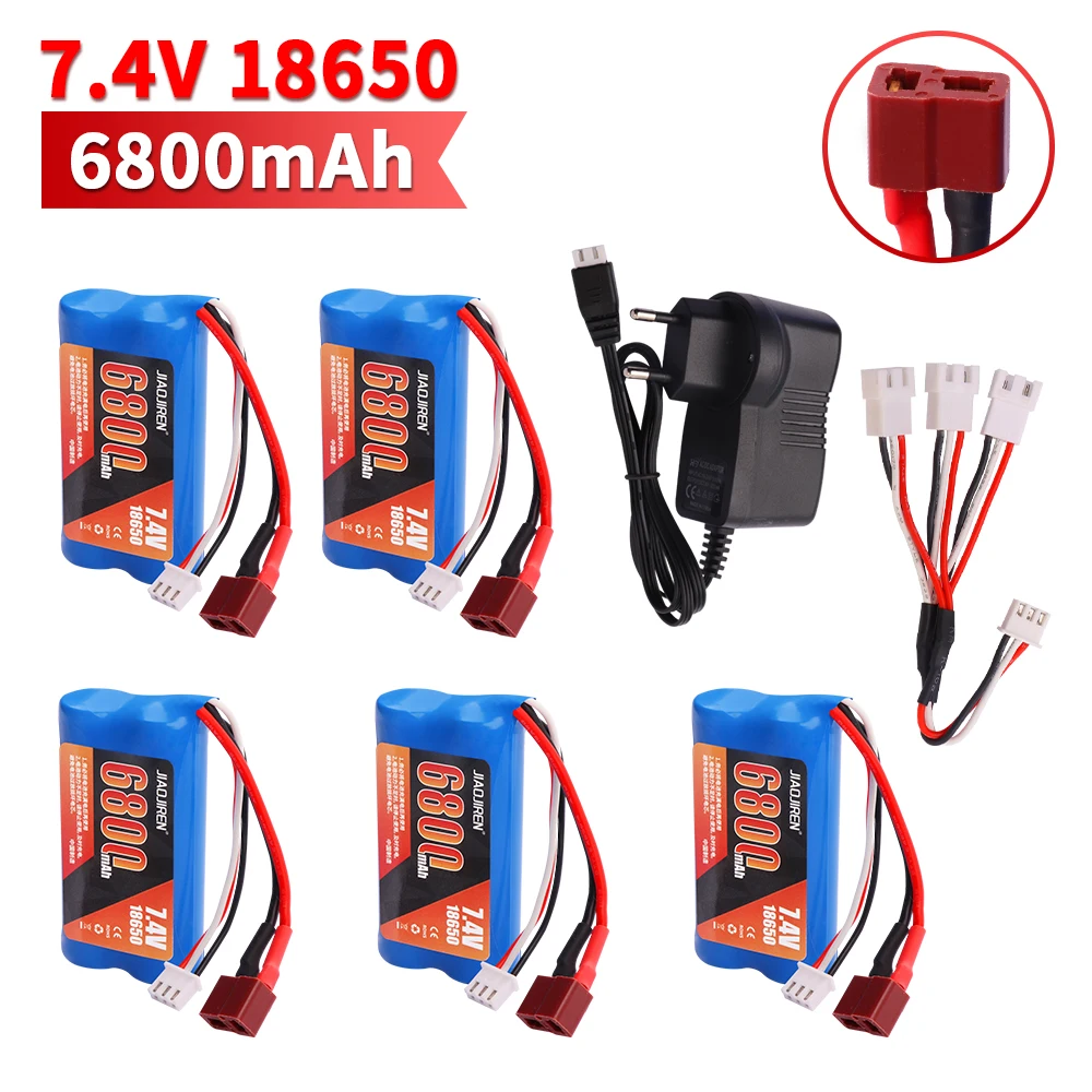 Upgrade 7,4 V 18650 6800 MAH Batterie für Wltoys 10428/12428/12423/Q46 RC Auto Ersatzteile mit ladegerät 7,4 V T stecker für Power auto Image
