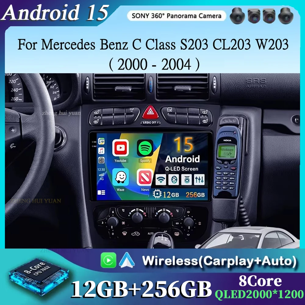 Für Mercedes Benz C Klasse S203 CL203 W203 2000 - 2004 2K 12 + 256 QLED Android 15 CarPlay Auto Radio Multimedia Video Player GPS 4G Image
