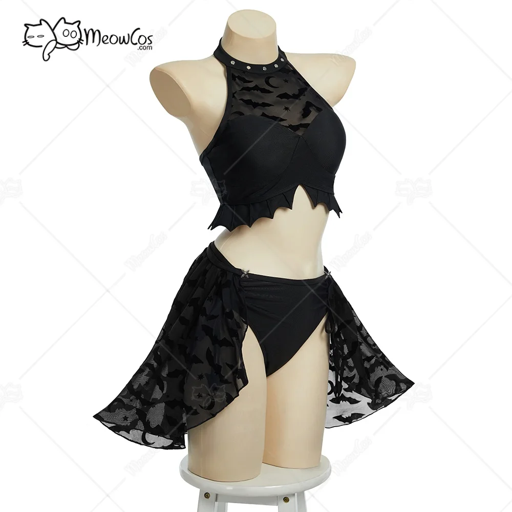Meowcos Damen Nocturnal Waves Gothic Black Bat Zweiteiliger Badeanzug Neckholder Top Badeanzug mit abnehmbarem Rock Image
