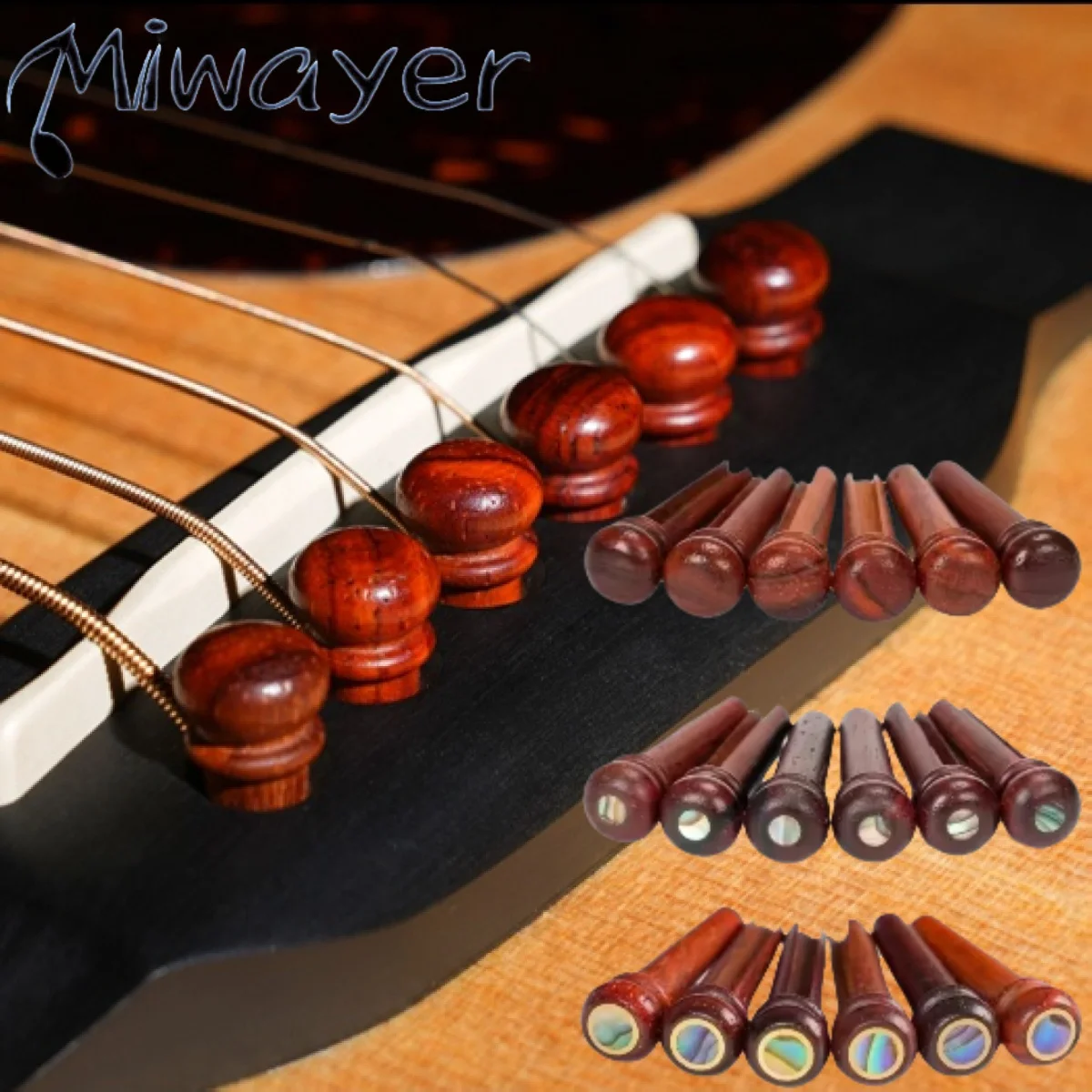 Miwayer 6 Stück Stegstifte aus Cocobolo-Holz für Akustikgitarre für 6 und 12 StringGuitar Feste Saitennägel Image
