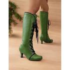Stivali in pelle con lacci vittoriani da donna - Stivali retrò a metà polpaccio con pizzo nero e tacco a gattino perfetti per feste di cosplay e abiti in stile vintage