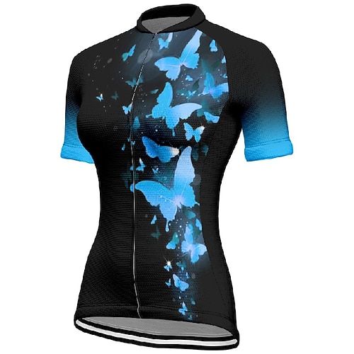 Damen Radtrikot Schmetterling Kurzarm Fahhrad T-Shirt Trikot mit 3 Gesäßtaschen Mountainbike MTB Schnelltrocknend Anatomisches Design Feuchtigkeitsableitend Atmungsaktiv Sport Rot Blau Dunkelgrün Image