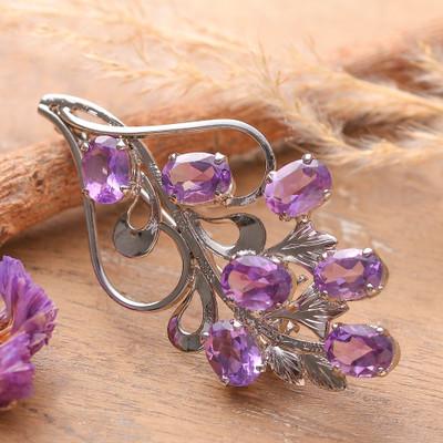 'Rhodium-Plated Spring-Themed 7-Carat Amethyst Brooch Pin'