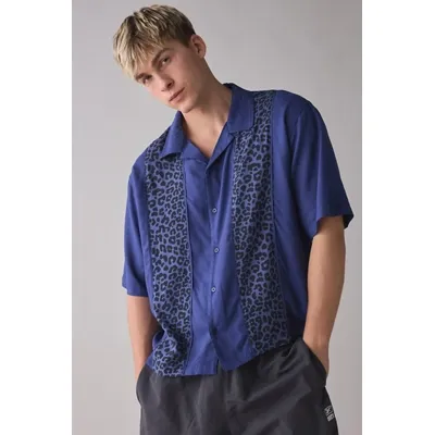 UO Panelled Animal Print Shirt - Blue S at Urban Outfitters