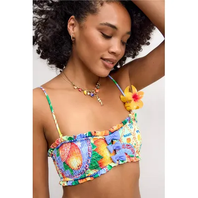 Damson Madder Jessie Orange Print Shirred Bow Bikini Top - Blue UK 8 at Urban Outfitters