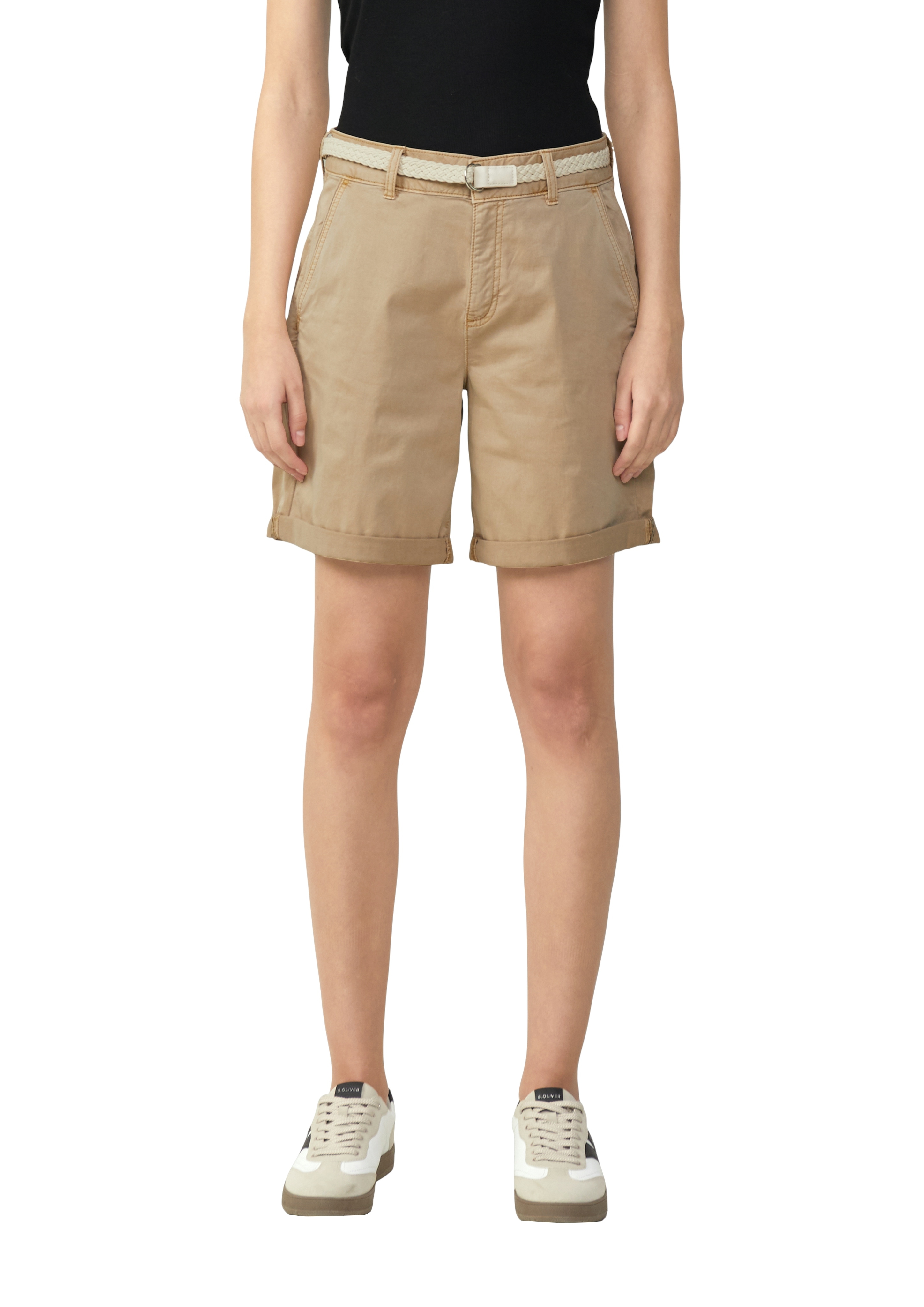 Chinoshorts S.OLIVER, Damen, Gr. 44, N-Gr, beige (sesame beige), Obermaterial: 98% Baumwolle, 2% Elasthan, unifarben, regular fit kniefrei, Hosen Chinoshorts, Sommerhose mit geflochtenem Gürtel