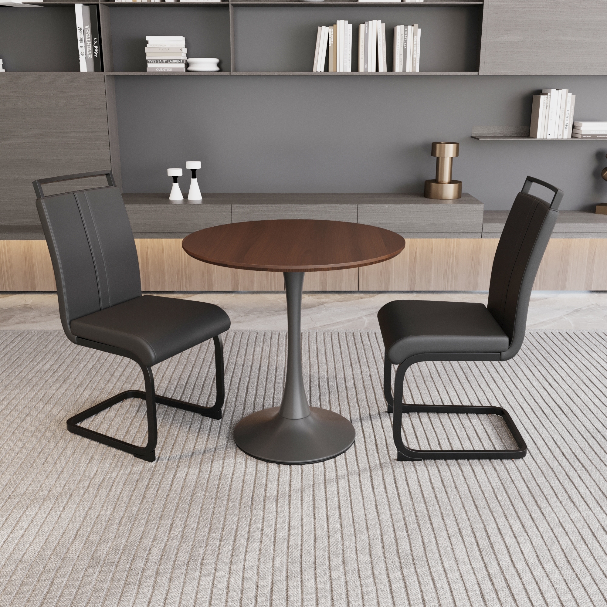 Modern 3-Piece Dining Set with MDF Round Table & 2 PU High Back C-shaped Tube Chairs