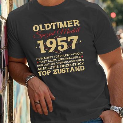 TEMU Men's Plus Size Olidtimer Special 1957 Graphic T-shirt - Casual Summer Short Sleeve, Polyester , Round Neck, Lightweight & Breathable For Casual Attire, Vintage Tshirt, Plus Size Image