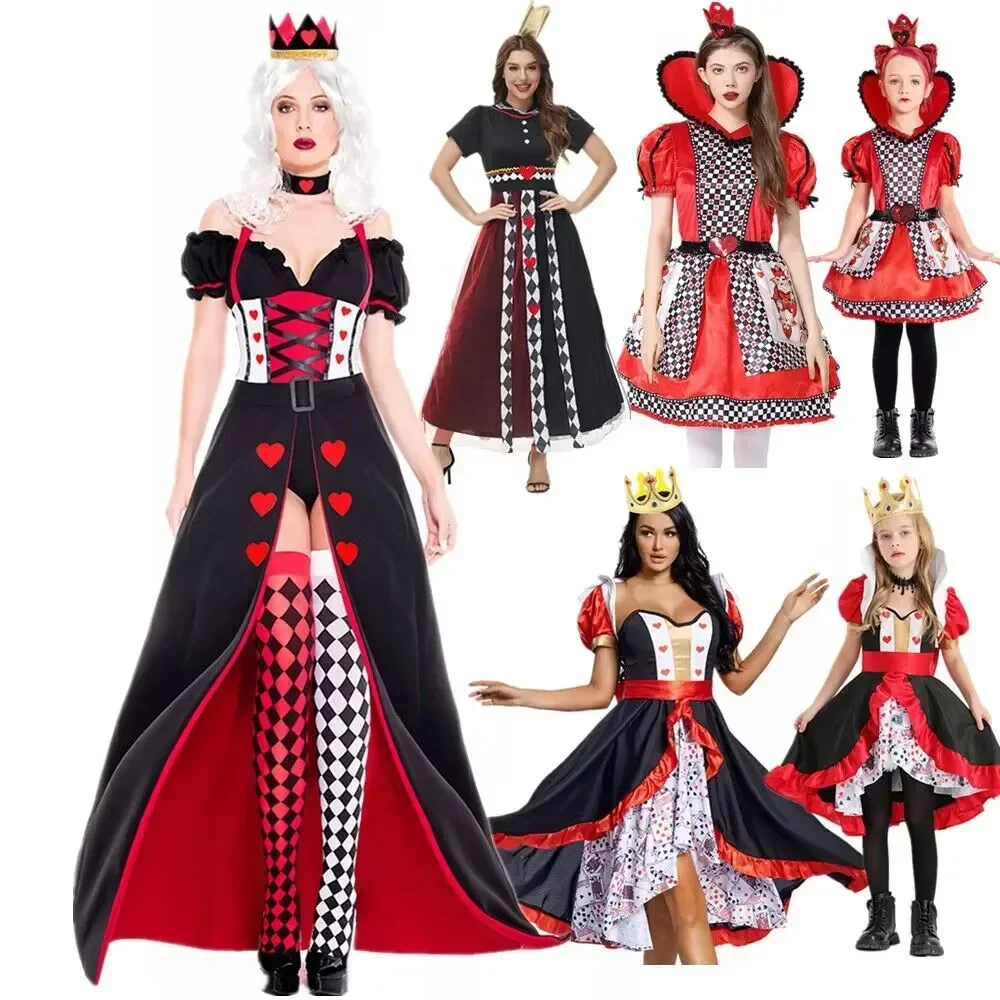 Halloween Erwachsenes Kind Königin der Herzen Alice im Wunderland Poker Queen Cosplay Kostüm Maskerade Kostüme Sexy Kleid mit Kopfbedeckung Image