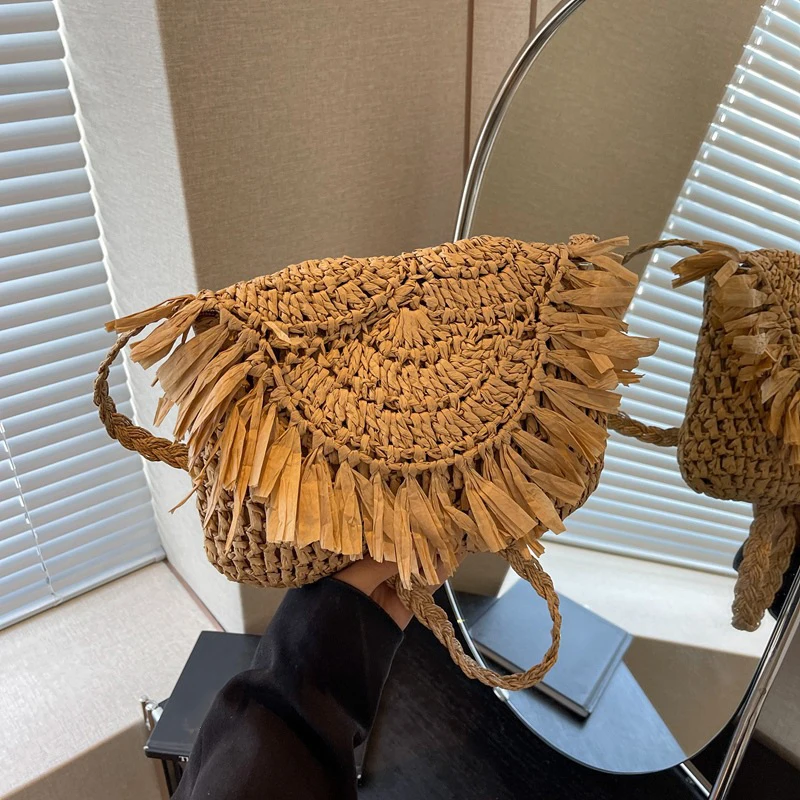 Handgemachte Stroh Quaste Umhängetasche für Frauen Vintage Handtaschen Reise Strand Telefon Geldbörse weibliche Schultertasche Image