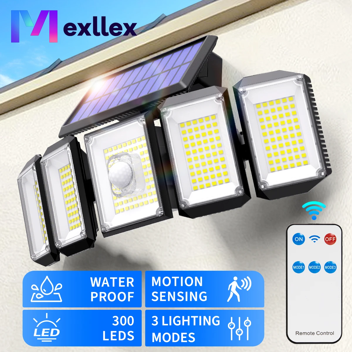 Mexllex Solarleuchten für den Außenbereich mit Bewegungsmelder, 300 LEDs superhell mit Fernbedienung, 3 Modi IP65 wasserdicht für den Garten