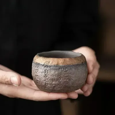 Tea Cup Rough Pottery Handmade Relief Heart Sutra Zen Cup Ceramic Chinese Master Portable Individual Single Cup