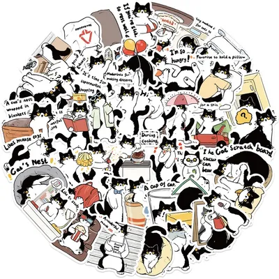 50PCS Cartoon Schwarz und Weiß Katzen Wasserdichte Graffiti Aufkleber für Helm Fahrrad Hand Konto Federmäppchen Aufkleber Image