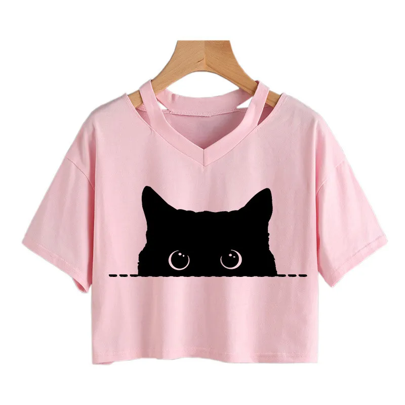 Frauen Mode Katze Pfote Kawaii 90er Jahre Vintage Damen Tops Cartoon Kawaii V-Ausschnitt Crop Tops japanischen Anime niedlichen Grafik druck T-Shirt Image
