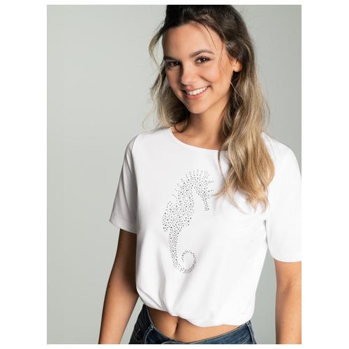 T-Shirt TRIGEMA ""TRIGEMA T-Shirt mit Seepferdchen-Print aus Strasssteinchen"", Damen, Gr. XL, weiß, 100% Baumwolle, Basic, Halbarm, Shirts