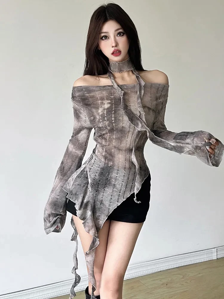 Zoki Tie Dye Y2K T Shirts Frauen Sexy Off Schulter Schlank Gothic Tops Streetwear Vintage Lange Hülse Spitze Up Dame Slash Neck Tees Image