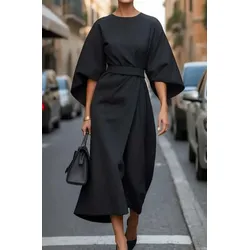 Printemps et été femmes à la mode et élégant couleur unie taille minceur taille haute décontractée manches chauve-souris jupe longue