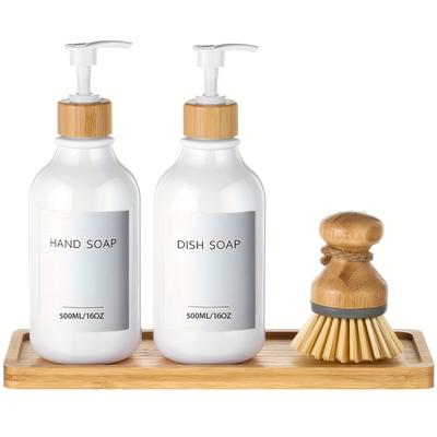 TEMU 4pcs Kitchen Soap Dispenser Set 16oz Dish Soap Dispenser With Tray And Dish Brush Plastic Soap Dispenser Set With Waterproof Labels For Hand Soap Dish Lotion Image