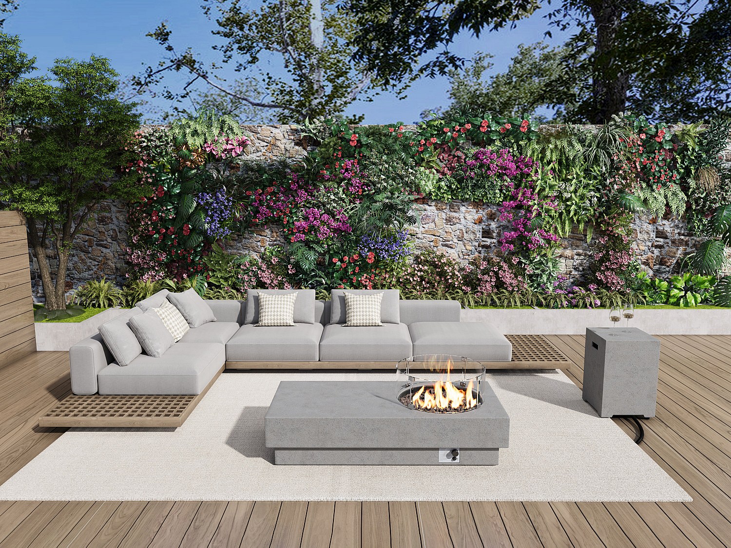 Tavolo rettangolare con braciere a gas in MGO effetto cemento Caminetto rotondo - SEROZA