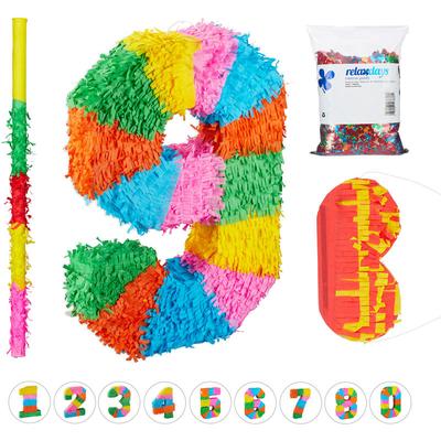Relaxdays - 4 tlg. Pinata Set Geburtstag Zahl 9, xxl Konfetti Sack, Pinatastab m. Augenmaske, Image