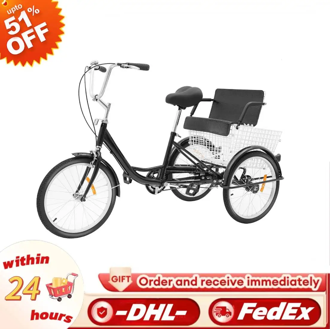 Schwarzes 20-Zoll-One-Speed-Dreirad, Rennrad, 3-Rad-Zyklus, dreieckiges Fahrrad aus Kohlenstoffstahl mit Korb und Kindersitz