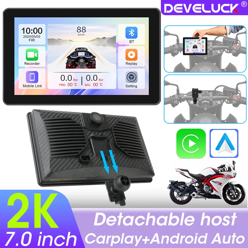 7 Zoll 2K DVR Navigation Motorrad Bluetooth Display Wireless CarPlay Android Auto Abnehmbarer Monitor IPX67 Wasserdicht Moto Image