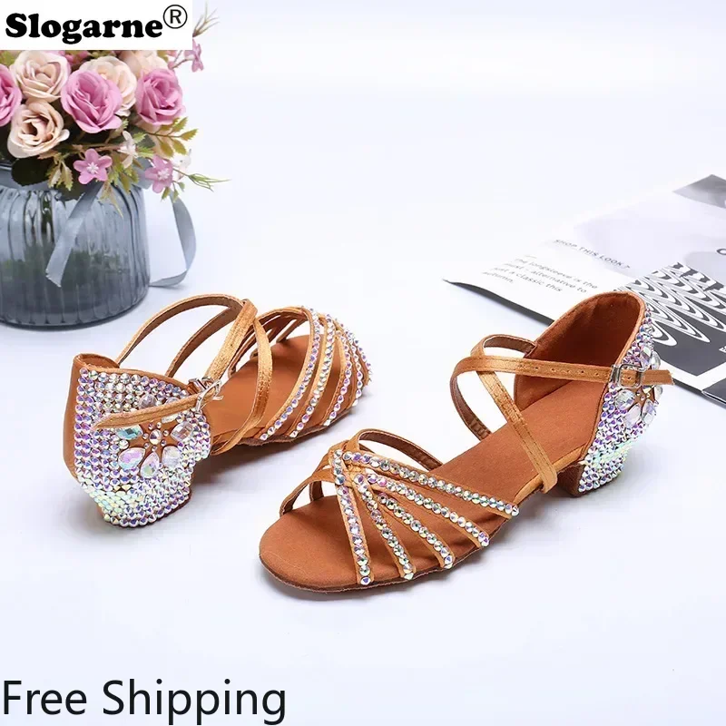2025 frauen Sommer Neue Wasser Diamant Latin Schuhe Kinder Satin Künstliche 3,5 CM Heels Jazz Walzer Tango Moderne Ballroom Dance schuhe