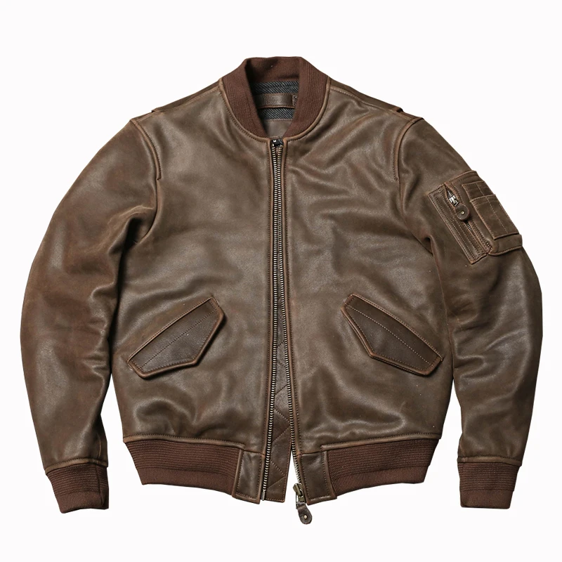 Retro Braun Winter Leder Jacke Männer Vintage Stil Plus Größe 5XL Echte Natürliche Rindsleder Dicke Warme Militär MA1 Flug Mantel