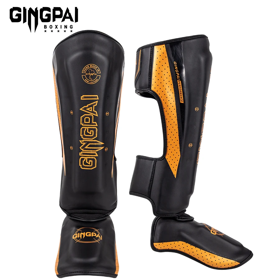 GINGPAI Professionelle MMA Boxen Schienbeinschoner Erwachsene Kickboxen Knöchelstützgeräte Karate Protektoren Sanda Muay Thai Leggings