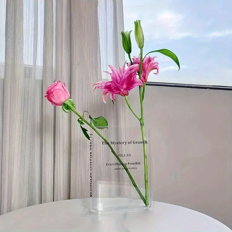 Stilvolle Buchvase aus Acryl – transparent, Blumenarrangement-Vase, moderne Heimdekoration für Wohnzimmer und Tischdekoration