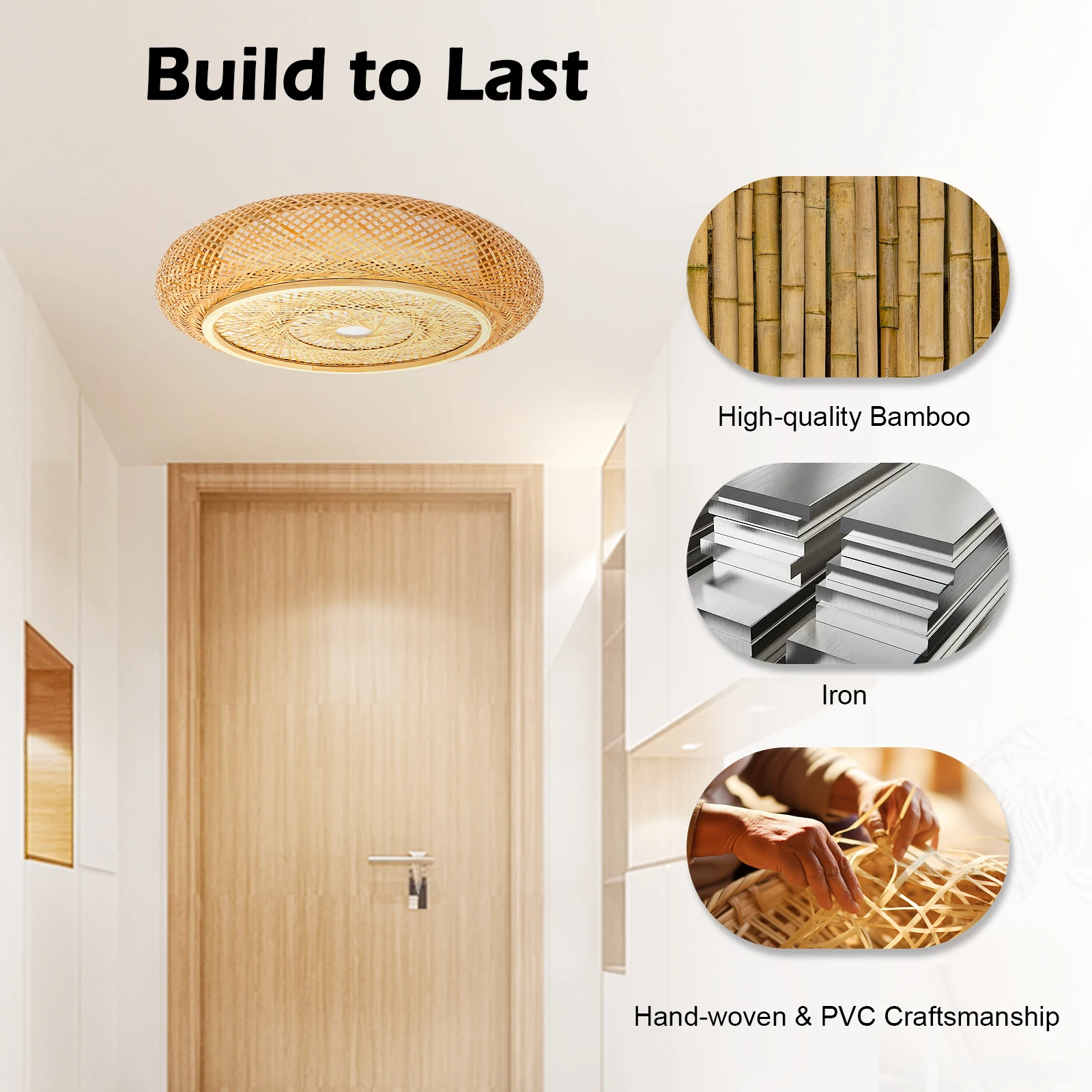 Bambus LED Deckenleuchte Trommellampe Rattan Lampenschirm handgewebt ideal für Schlafzimmer und Wohnzimmer (50 cm)