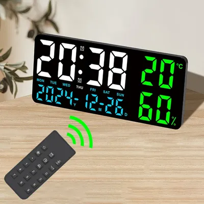 Large Digital Wall Clock with Remote Control Temperature Humidity Display Dual Alarm Timing