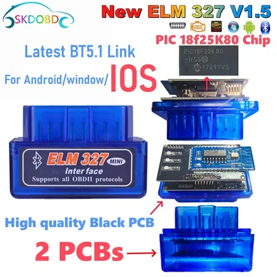 Latest Version Mini ELM327 V1.5 for IOS Android Bluetooth 5.1 Auto Scanner OBD2 Black 2PCB Car ELM
