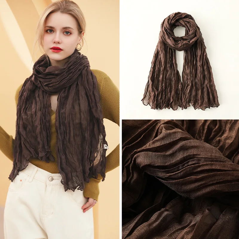 Neue Zerknitterte Schal für Frauen Studenten Frühling Einfarbig Baumwolle Voile Dünne Schals Weiche Stricken Schal Weibliche Wrap Schals Image