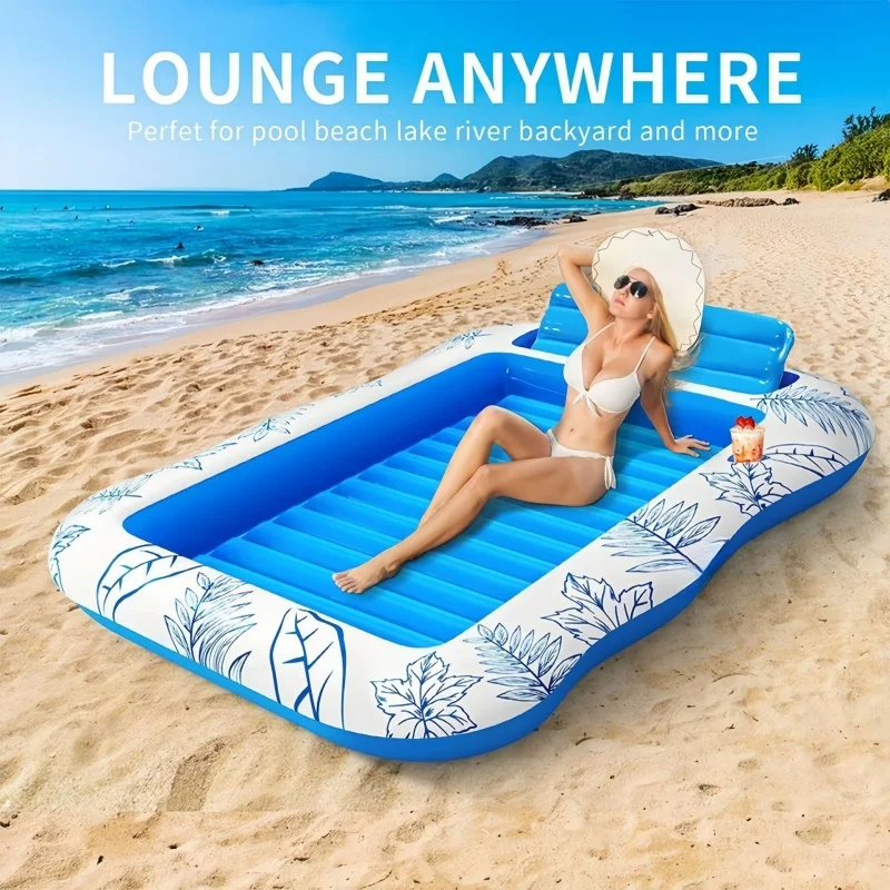 Israelische doppelte aufblasbare Pool-Schwimmmatratze 214 x 145 cm | Blau-weißer, extra großer, schwebender Strandstuhl zur Entspannung von Rasen und Wasser Image
