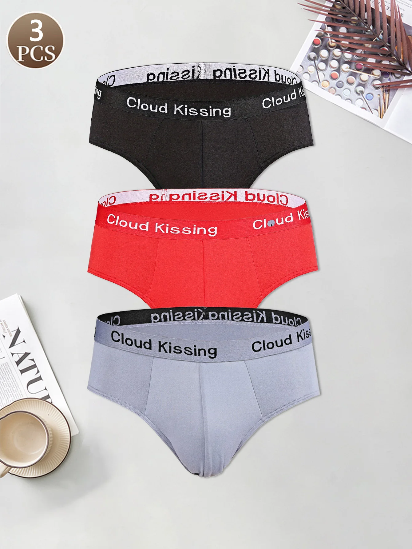 3PCS Einfarbiger Herren-Slip mit mittlerer Taille, atmungsaktive und sexy, lockere und bequeme Herrenunterwäsche Image