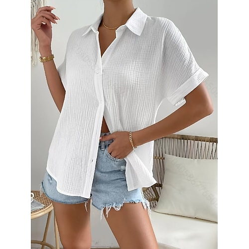 Frau Baumwolle Leinen Hemd Bluse Einfarbig Elegant Lässig Kurzarm Hemdkragen Regulär Oberteile Täglich Urlaub Knöpfe Weiß Sommer Frühling Image