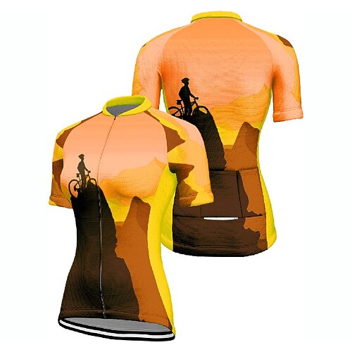 Damen Radtrikot Grafik Kurzarm Fahhrad T-Shirt Trikot mit 3 Gesäßtaschen Mountainbike MTB Schnelltrocknend Anatomisches Design Feuchtigkeitsableitend Atmungsaktiv Sport Blau Fuchsie Orange Bekleidung Image