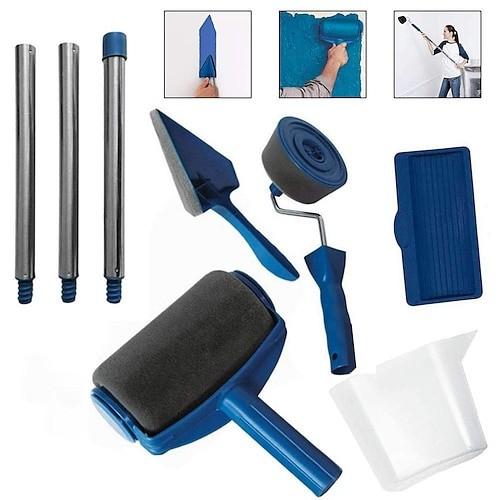 Farbrollerpinsel Malergriffwerkzeug, Wandmalergriffwerkzeug mit Farbläuferpinsel, Wanddruckpinsel, 3 Verlängerungsstangen, Druckpinselablage, Griff beflockter Kantenschneiderraum für Wände und Decke Image