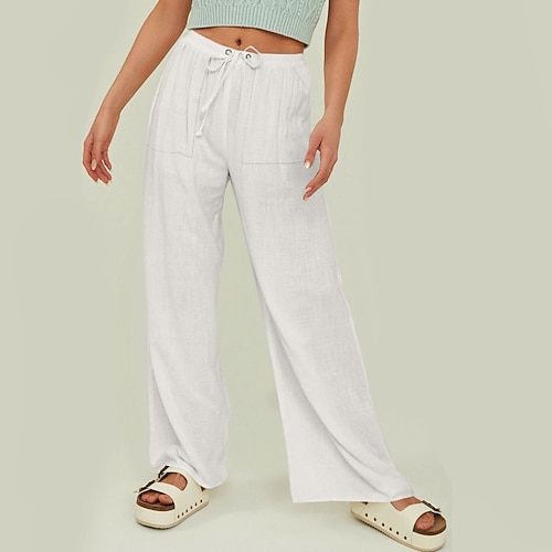 Damen Hose aus Baumwollleinen Stoffhosen Hosen Hose Streetwear Lässig Wadenlang Natürliche Taille Einfach Tasche Elastisches Kordelzugdesign Atmungsaktivität Weich Bequem Mikroelastisch Lässig Urlaub Image