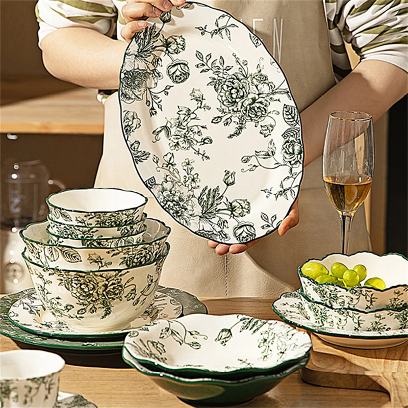 Vintage grüner Rosendruck chinesischer Stil Keramikschüssel und Teller Geschirr Set Tasse und Teller Suppenschüssel Reis- und Fischteller Image