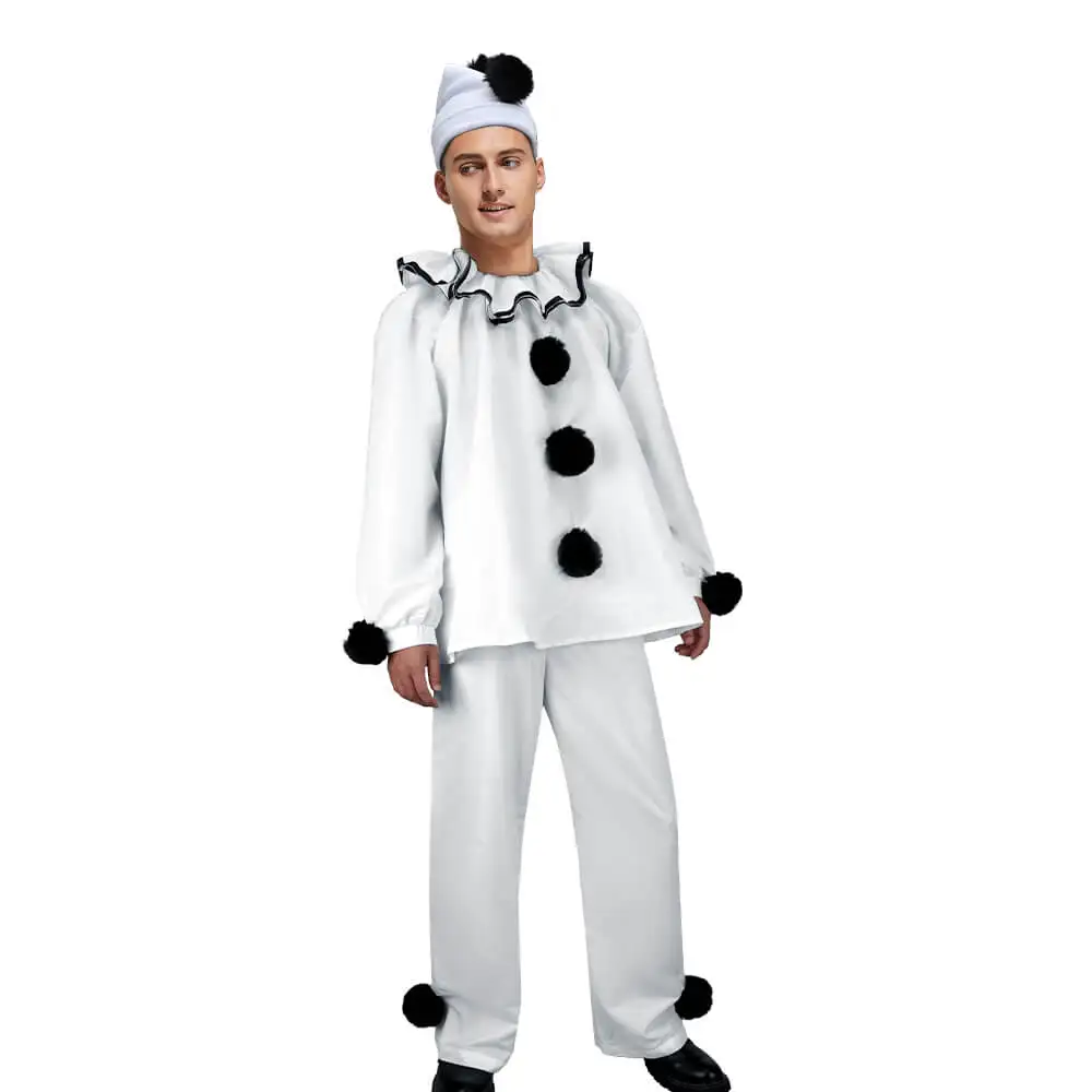 Herren Pierrot Clown Kostüm Rolle Cosplay Halloween Mime Bühnenoutfit Joker Anzug Party Image