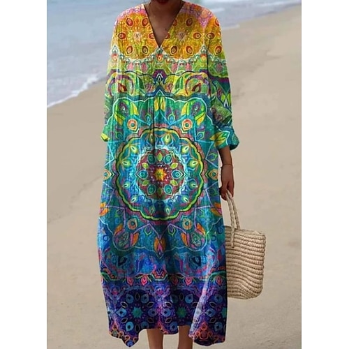 Damen Midi Kleid V-Ausschnitt Lange Ärmel Kaftan Leicht Lockerer Schnitt A-Linien Kleid Lässig Boho Ausgehen Grafisch Lange Ärmel V-Ausschnitt Gelb Pink Blau Braun Image