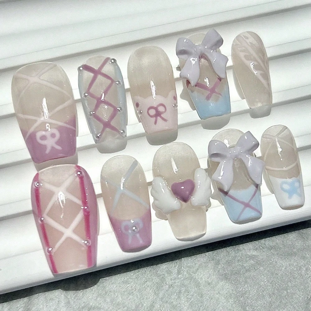 Sweetheart Angel Girl handgemachte Press On Nails süße rosa blaue Nail Art Patches romantische Prinzessin Schleife Liebe handbemalte künstliche Nägel Image