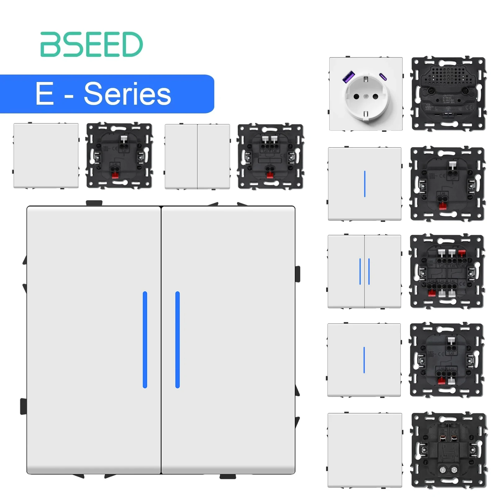 BSEED Taste Schalter Modul USB Telefon Lade Buchse Teile Wand Licht Schalter Schlüssel Einsatz Kunststoff Rahmen Kombination E Serie Weiß Image