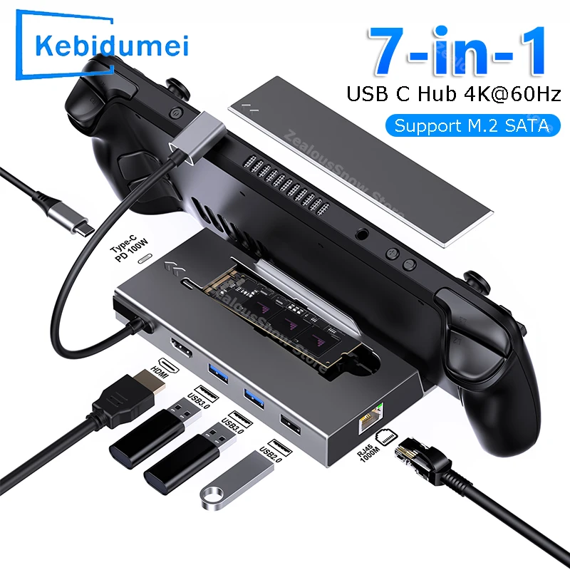 7-in-1 USB C Dockingstation für Steam Deck Nintend M.2 SSD Typ C HUB 4K@60Hz RJ45 Gigabit PD 100W USB 3.0 HUB Halter Dock Image