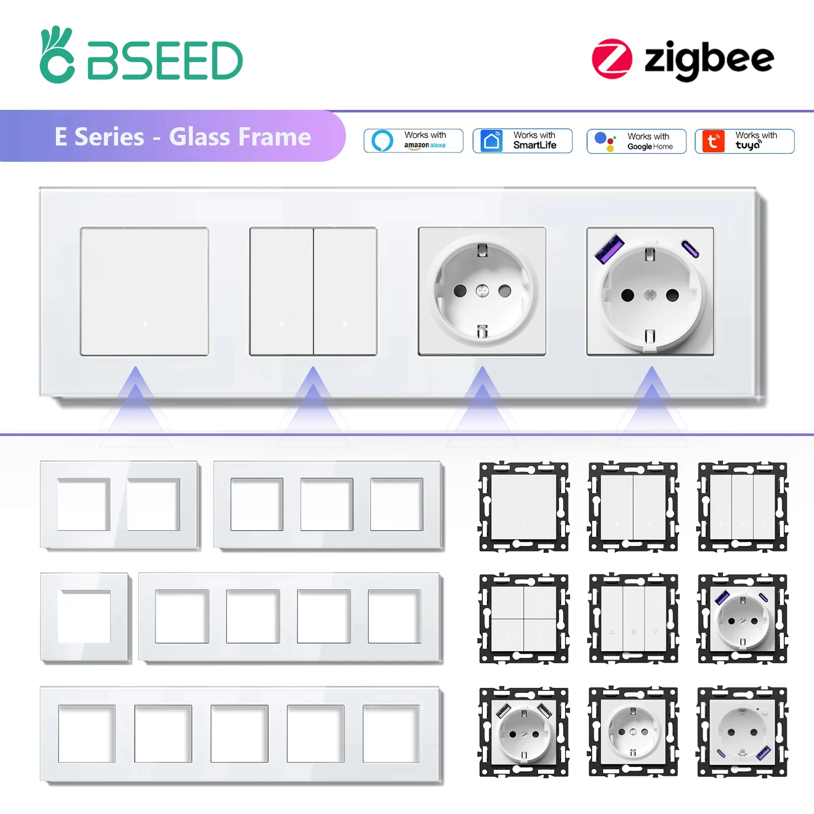BSEED Zigbee 1/2/3Gang Smart Licht Schalter Tuya Smart Leben Alexa EU Steckdosen Funktion Teile Glas Panels DIY Teile Image