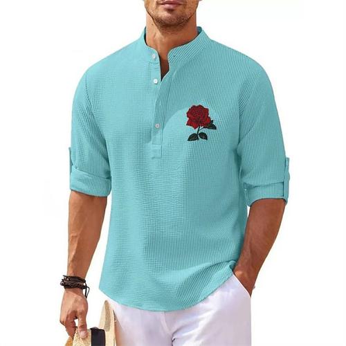 Men's Popover Shirt Summer Shirt Casual Shirt Beach Shirt Waffle Knit Shirt Black White Blue Sky Blue Dark Gray Long Sleeve Rose Classic Stand Collar Henley Vacation Hawaiian Buckle Clothing Apparel
