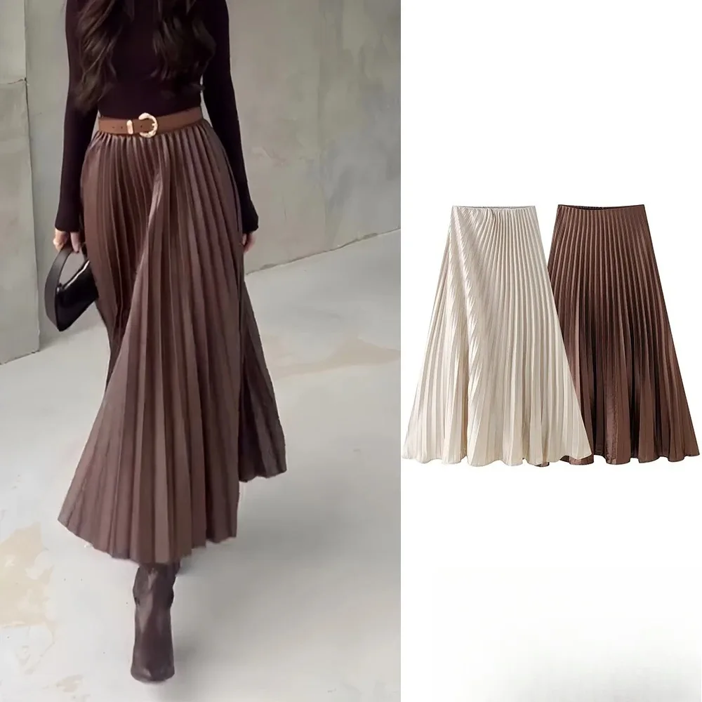 KONDALA Vintage décontracté plissé longues jupes femmes taille haute plissée longues jupes en Satin mode 2025 printemps été jupes élégantes