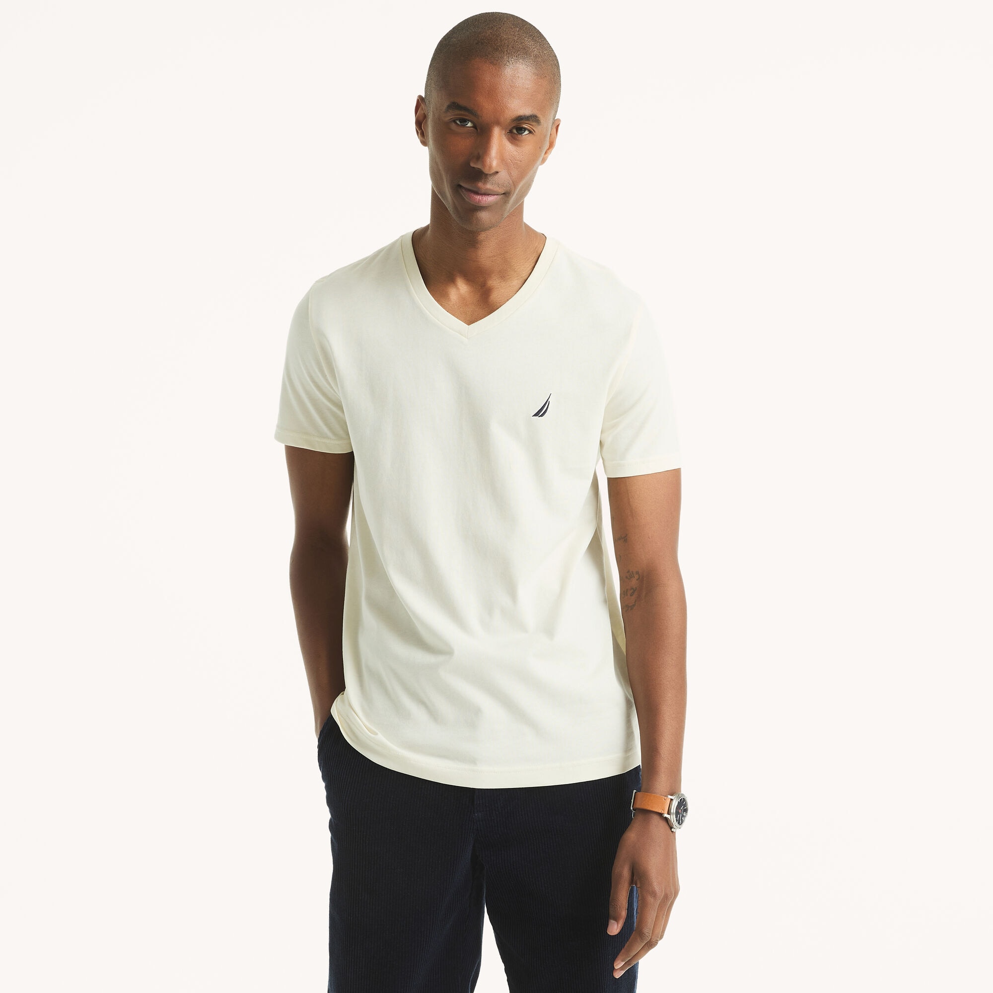 Nautica Men's Premium Cotton V-Neck T-Shirt 172 (Natural), M
